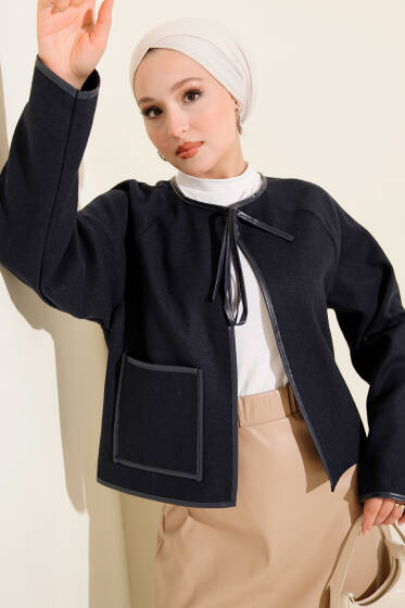 Deri Biyeli Kaşe Kısa Ceket Lacivert - Ceket