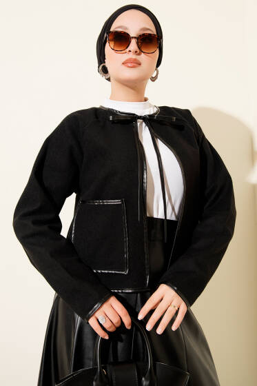 Deri Biyeli Kaşe Kısa Ceket Siyah - Ceket