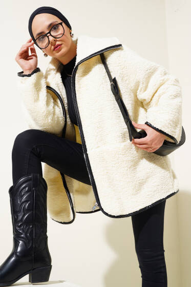 Deri Biyeli Peluş Mont Ekru - Mont