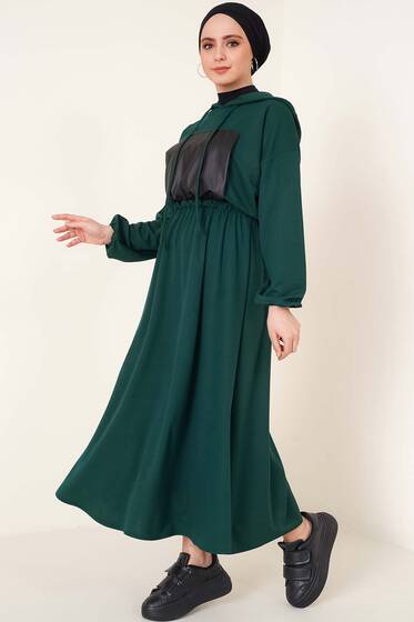 Deri Cep Detaylı Elbise Zümrüt Yeşili - Tesettür Elbise