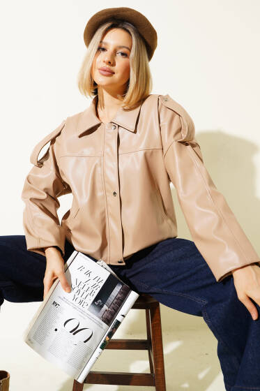Deri Çıtçıtlı Fermuarlı Ceket Latte - Kadın Giyim Modelleri
