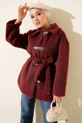 Deri Çıtçıtlı Sakallı Kuşaklı Ceket Bordo - HEWES