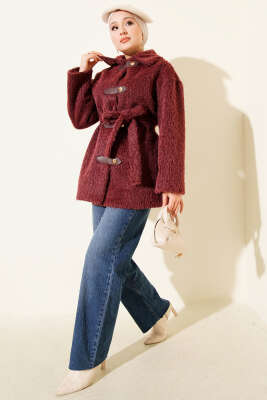 Deri Çıtçıtlı Sakallı Kuşaklı Ceket Bordo - Kaban