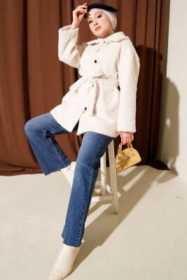 Deri Çıtçıtlı Sakallı Kuşaklı Ceket Ekru - HEWES