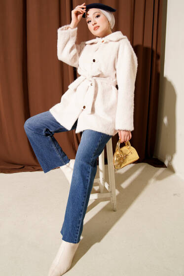 Deri Çıtçıtlı Sakallı Kuşaklı Ceket Ekru - Ceket