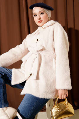 Deri Çıtçıtlı Sakallı Kuşaklı Ceket Ekru - Ceket