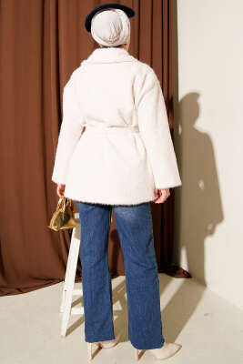 Deri Çıtçıtlı Sakallı Kuşaklı Ceket Ekru - Ceket