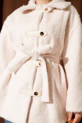 Deri Çıtçıtlı Sakallı Kuşaklı Ceket Ekru - Ceket