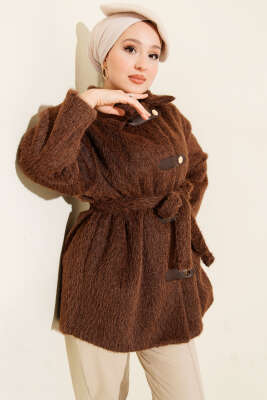 Deri Çıtçıtlı Sakallı Kuşaklı Ceket Kahve - Ceket