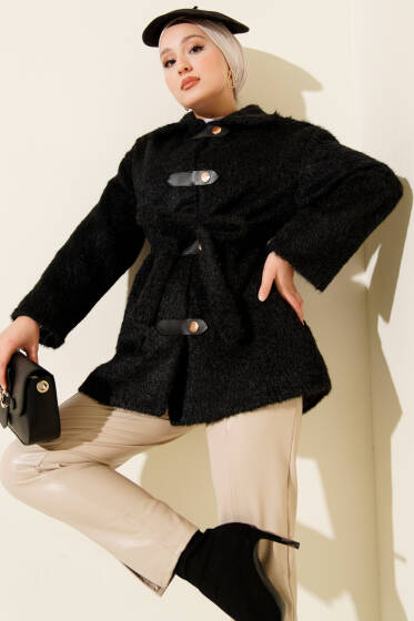 Deri Çıtçıtlı Sakallı Kuşaklı Ceket Siyah - Ceket