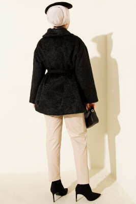 Deri Çıtçıtlı Sakallı Kuşaklı Ceket Siyah - Ceket