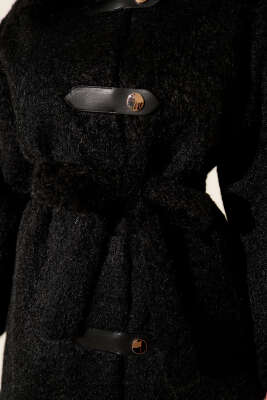 Deri Çıtçıtlı Sakallı Kuşaklı Ceket Siyah - Ceket