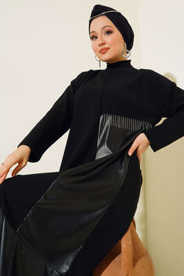 Deri Detay Zincir Püsküllü Elbise Siyah - Thumbnail