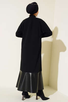 Deri Detay Zincir Püsküllü Elbise Siyah - Thumbnail