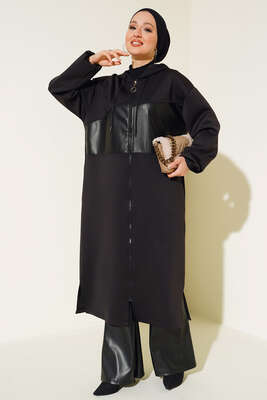 Deri Detaylı Fermuarlı Kap Siyah - Kap