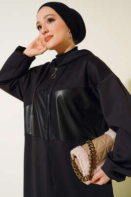 Deri Detaylı Fermuarlı Kap Siyah - Kap