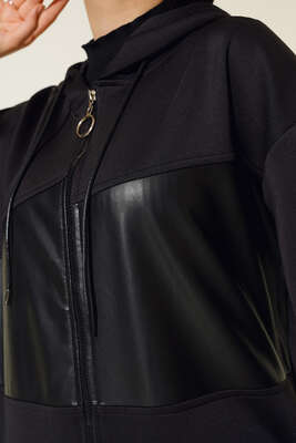 Deri Detaylı Fermuarlı Kap Siyah - Kap