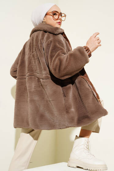 Deri Detaylı Fermuarlı Peluş Mont Kahve - Mont