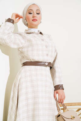 Deri Detaylı Kısa Ceket İkili Takım Camel - İkili Takım