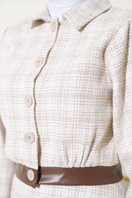 Deri Detaylı Kısa Ceket İkili Takım Camel - İkili Takım