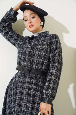 Deri Detaylı Kısa Ceket İkili Takım Siyah - İkili Takım