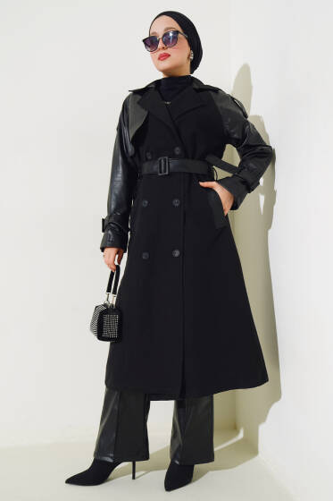 Deri Detaylı Kuşaklı Trençkot Siyah - Trençkot