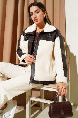 Deri Detaylı Peluş Fermuarlı Mont Kahve - Kadın Giyim Modelleri