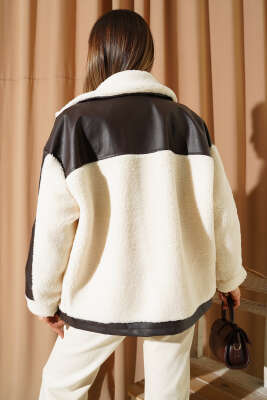 Deri Detaylı Peluş Fermuarlı Mont Kahve - Kadın Giyim Modelleri