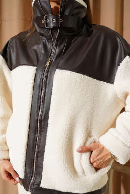 Deri Detaylı Peluş Fermuarlı Mont Kahve - Kadın Giyim Modelleri