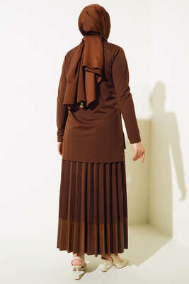 Deri Detaylı Pilise Etekli Takım Kahve - İKİLİ TAKIM