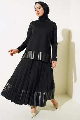 Deri Detaylı Pilise Etekli Takım Siyah