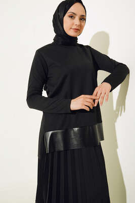Deri Detaylı Pilise Etekli Takım Siyah - İKİLİ TAKIM
