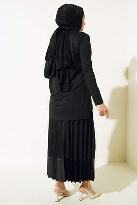 Deri Detaylı Pilise Etekli Takım Siyah - İKİLİ TAKIM