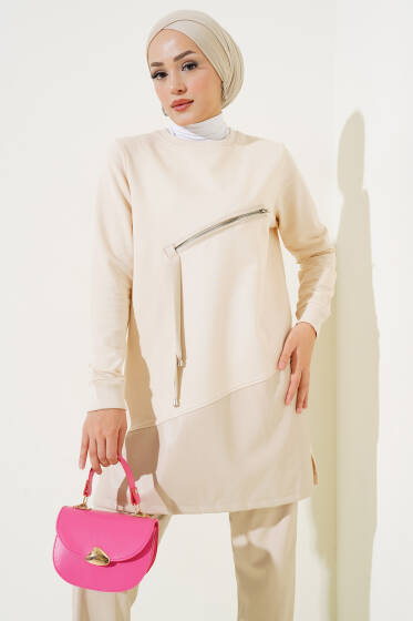 Deri Fermuar Detaylı Tunik Bej - Tunik