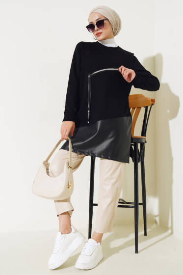 Deri Fermuar Detaylı Tunik Siyah - Tunik