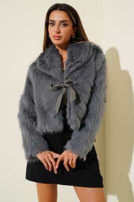 Deri Fiyonk Detaylı Kürk Mont Gri - Kadın Giyim Modelleri