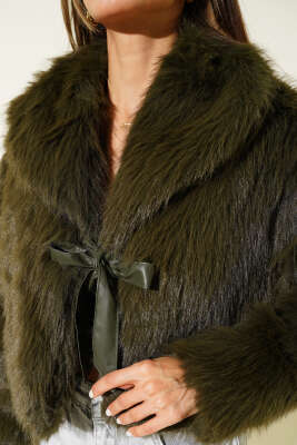 Deri Fiyonk Detaylı Kürk Mont Haki - Kadın Giyim Modelleri