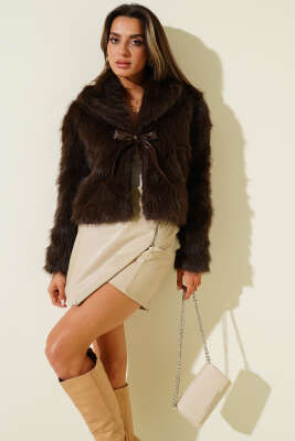 Deri Fiyonk Detaylı Kürk Mont Kahve - Kadın Giyim Modelleri