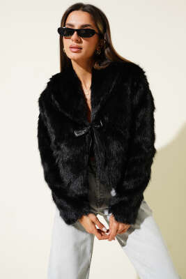 Deri Fiyonk Detaylı Kürk Mont Siyah 