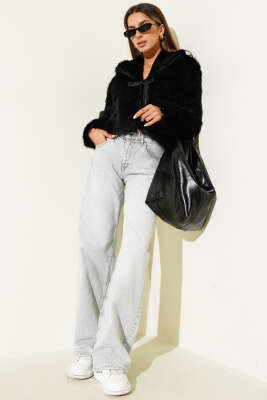 Deri Fiyonk Detaylı Kürk Mont Siyah - Kadın Giyim Modelleri