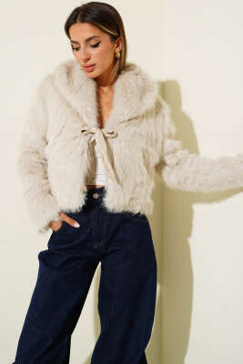 Deri Fiyonk Detaylı Kürk Mont Taş - Kadın Giyim Modelleri