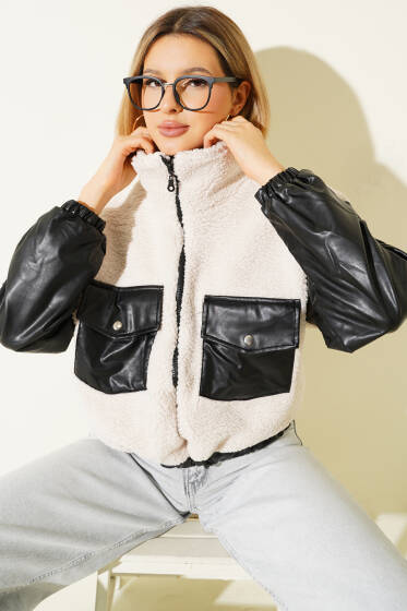 Deri Garnili Cepli Peluş Mont Siyah Bej - Kadın Giyim Modelleri