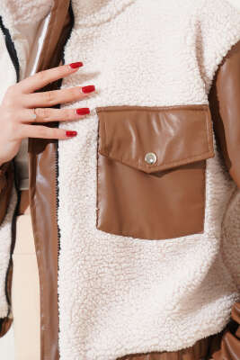 Deri Garnili Cepli Peluş Mont Taba - Kadın Giyim Modelleri
