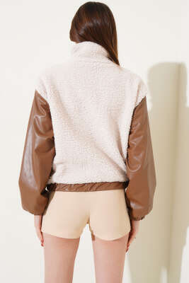 Deri Garnili Cepli Peluş Mont Taba - Kadın Giyim Modelleri