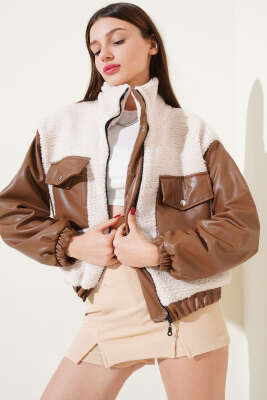 Deri Garnili Cepli Peluş Mont Taba - Kadın Giyim Modelleri