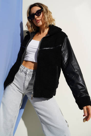 Deri Garnili Fermuarlı Ceket Siyah - Kadın Giyim Modelleri