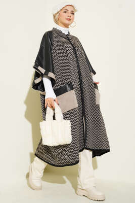 Deri Garnili Fermuarlı Panço Siyah - ULUDAĞ TRİKO