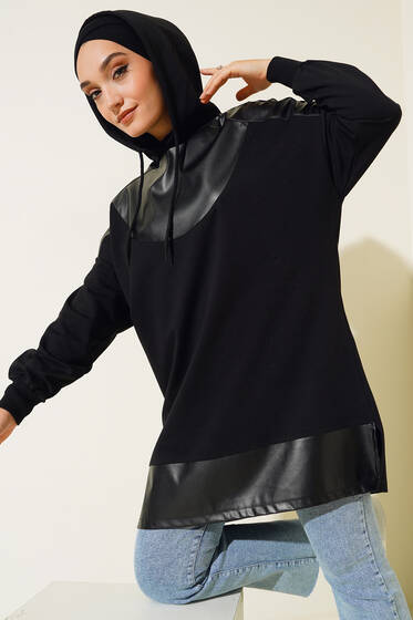 Deri Garnili Kapüşonlu Tunik Siyah - Tunik