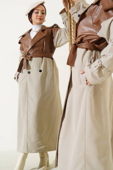 Deri Garnili Kuşaklı Uzun Trençkot Taba - Trençkot