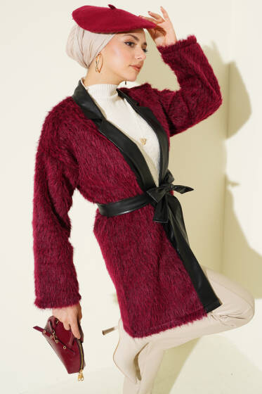 Deri Garnili Sakallı Ceket Bordo - Ceket